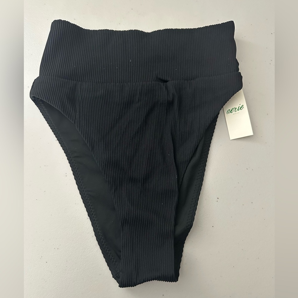Aerie High Cut Cheeky Swim Bottoms Black Ribbed Size XXS